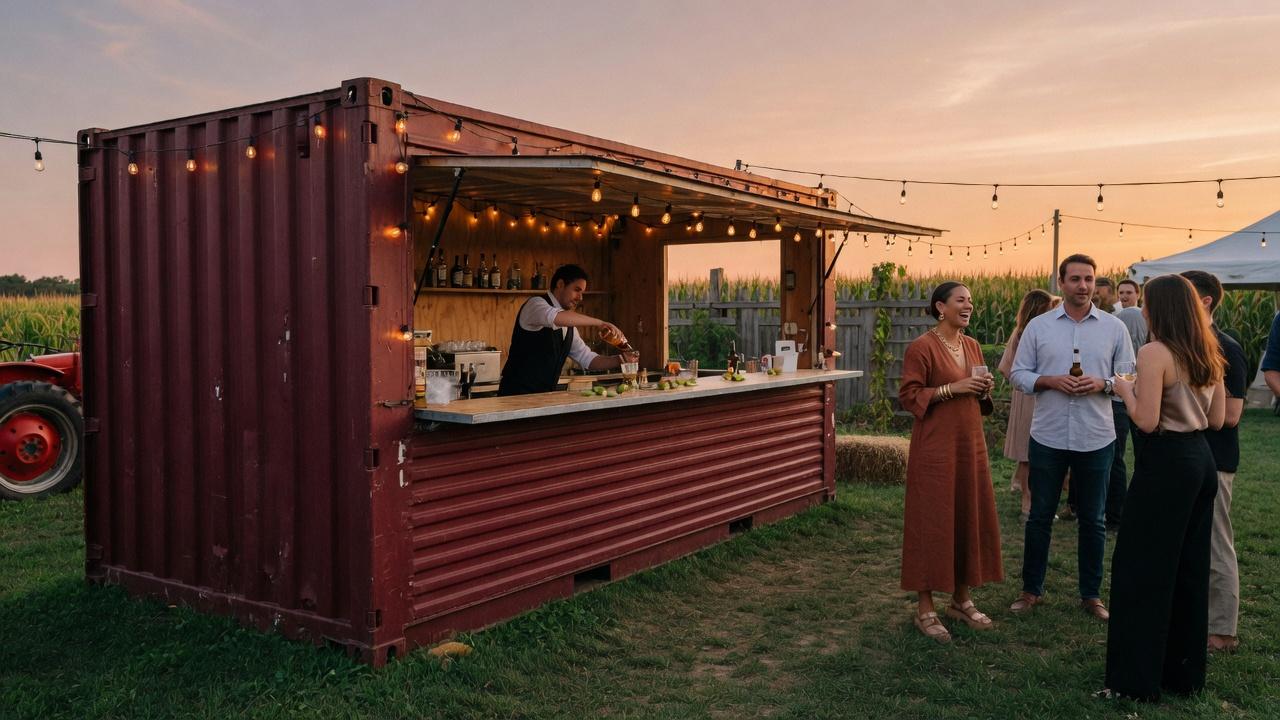 A burgundy shipping container used as an outdoor bar at a farm event at sunset