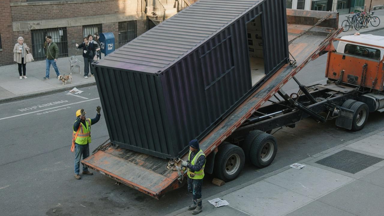 A tilt-bed truck delivering a converted shipping-container kiosk onto a city street