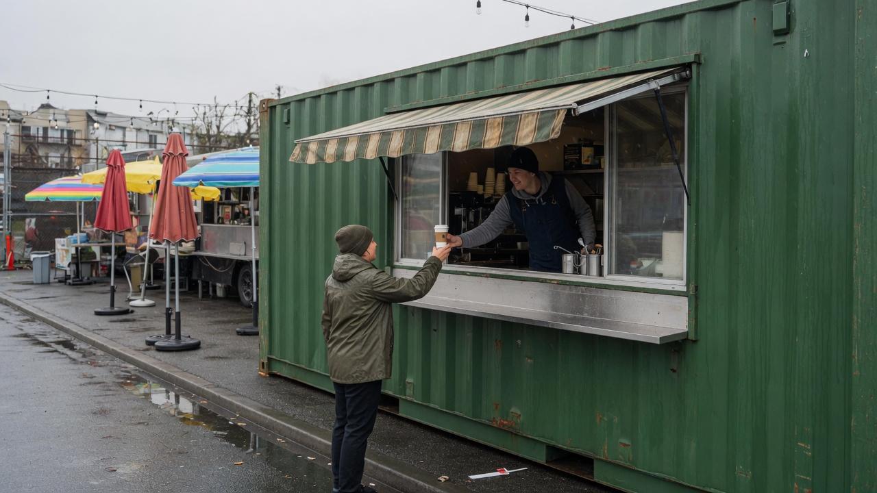 A converted shipping container used as a coffee kiosk, with a barista serving a customer at the window