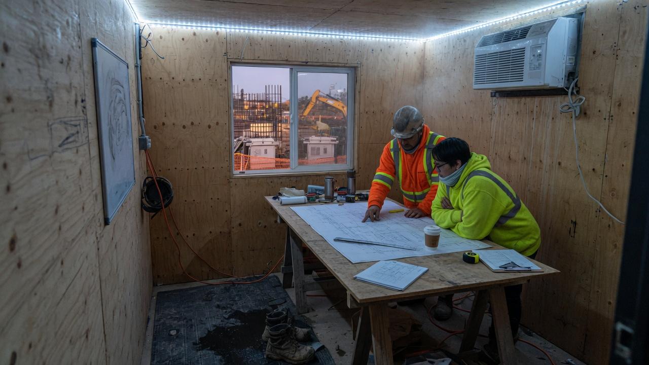 Interior of a shipping-container office, two workers reviewing drawings