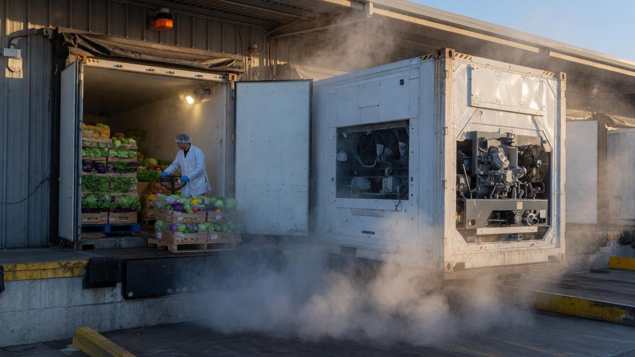 A refrigerated shipping container on a loading dock, with a worker moving pallets of produce