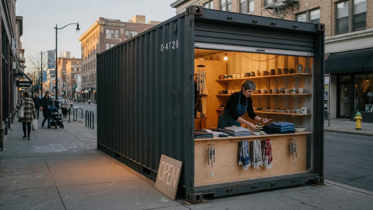 A shipping container used as a pop-up shop on a city street