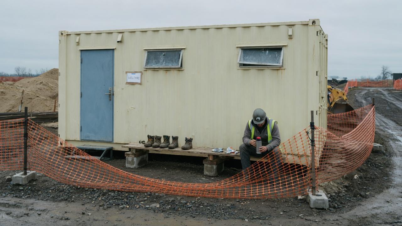 A cream shipping container used as a site welfare unit, with a worker sitting on a bench